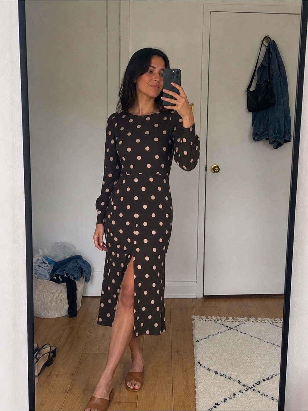 Reformation Long Sleeve Polka Dot Midi Dress Size 0 Creed Style